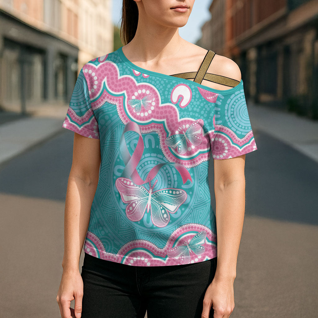 Hereditary And Gynecologic Cancer Support Cross Shoulder Shirt Teal Pink Ribbon Aboriginal Art