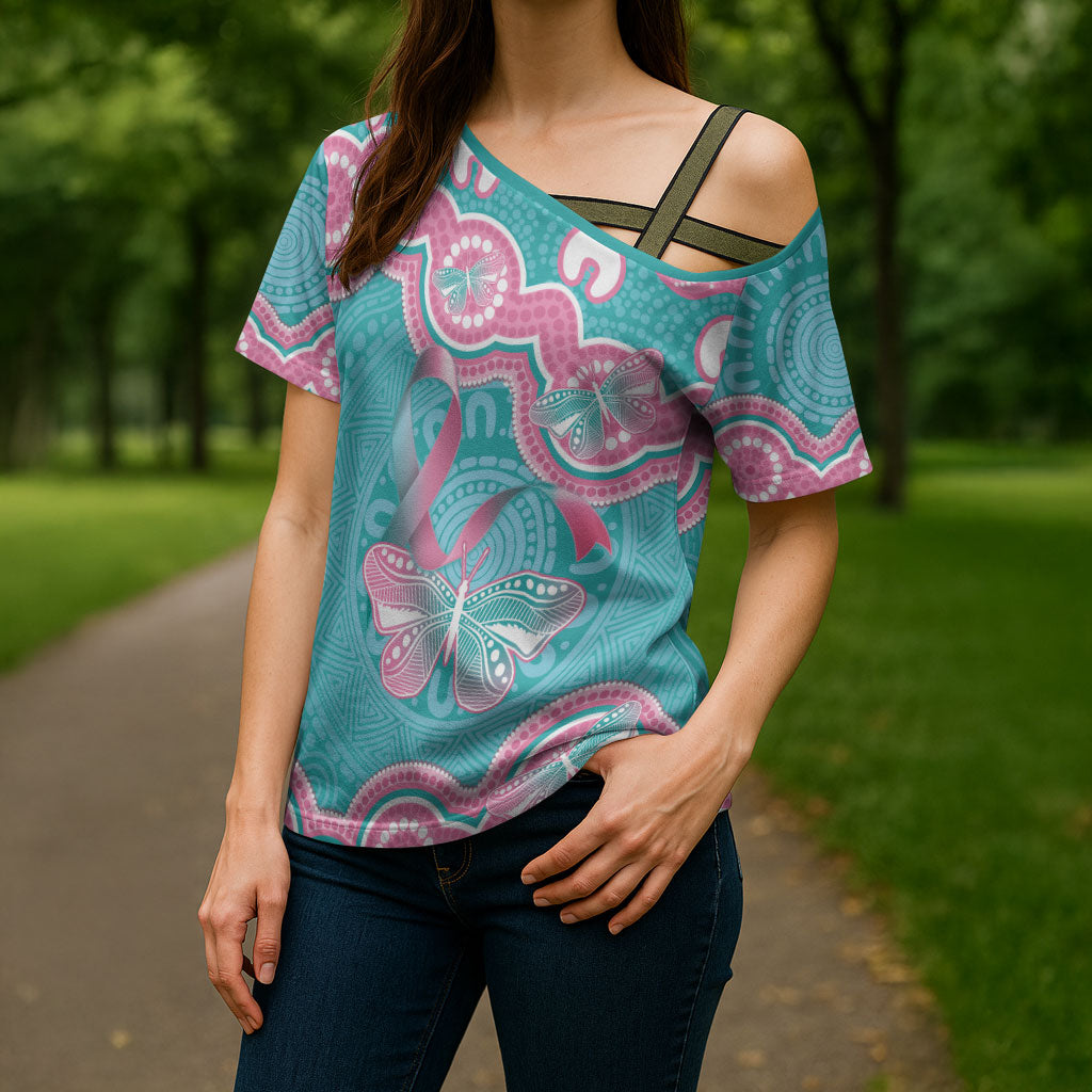 Hereditary And Gynecologic Cancer Support Cross Shoulder Shirt Teal Pink Ribbon Aboriginal Art