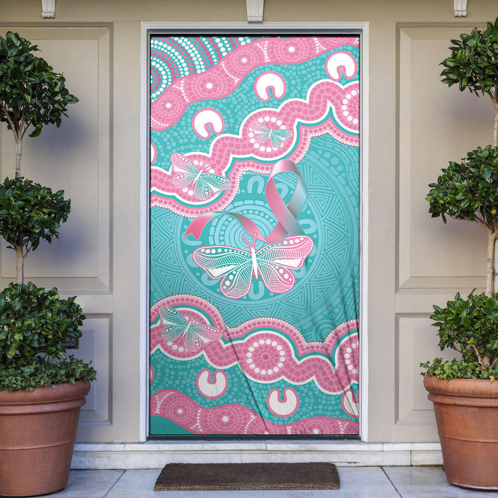Hereditary And Gynecologic Cancer Support Door Cover Teal Pink Ribbon Aboriginal Art