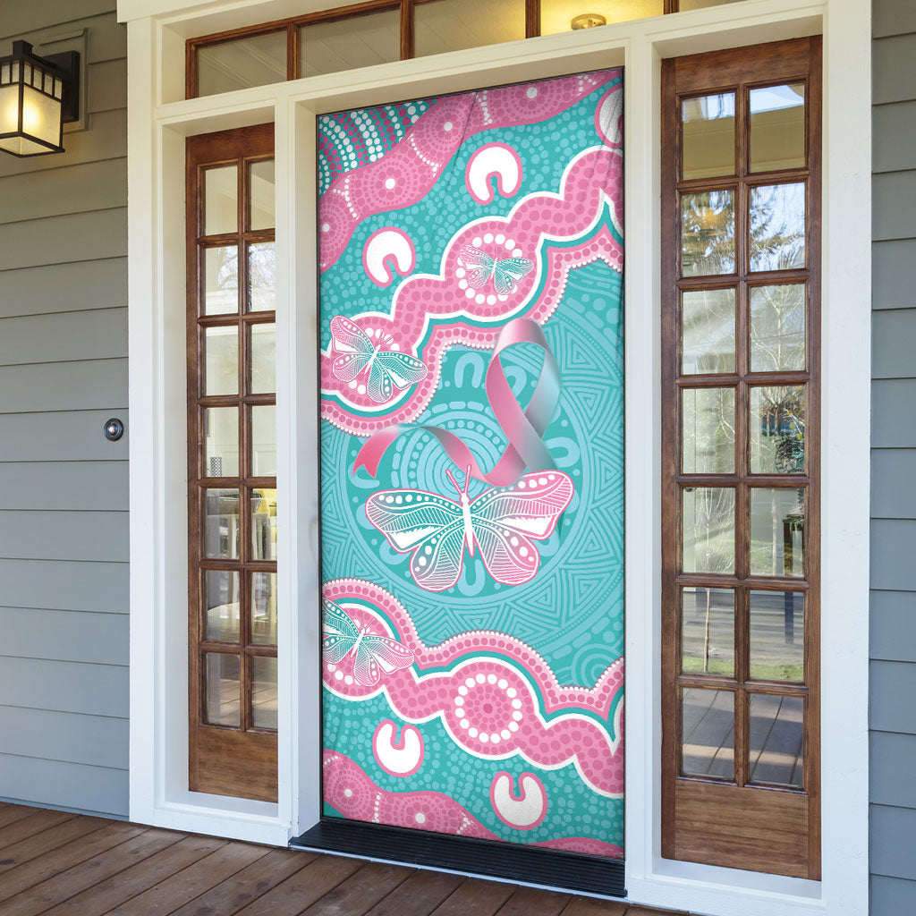 Hereditary And Gynecologic Cancer Support Door Cover Teal Pink Ribbon Aboriginal Art