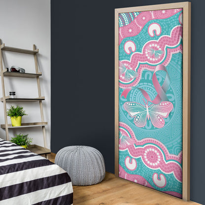 Hereditary And Gynecologic Cancer Support Door Cover Teal Pink Ribbon Aboriginal Art