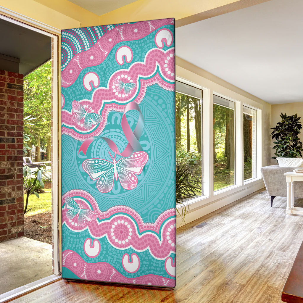 Hereditary And Gynecologic Cancer Support Door Cover Teal Pink Ribbon Aboriginal Art