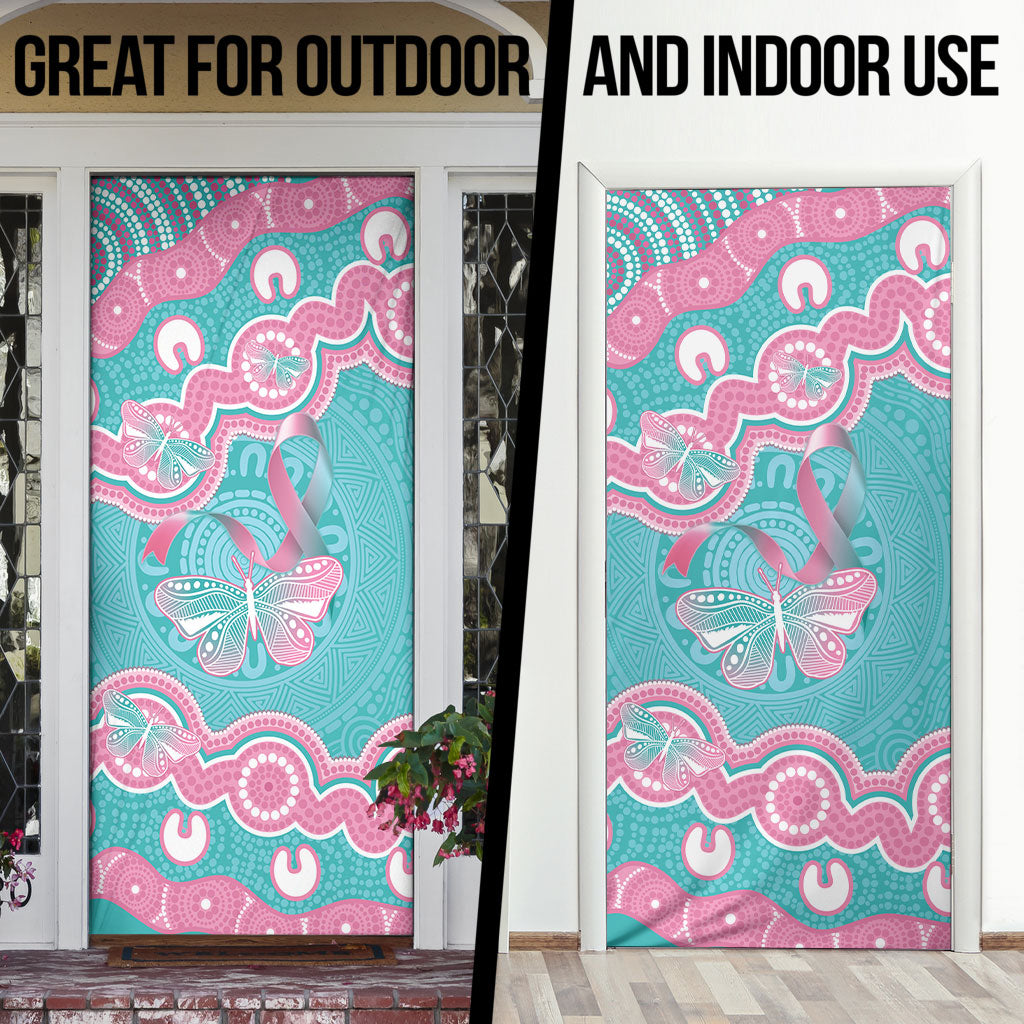 Hereditary And Gynecologic Cancer Support Door Cover Teal Pink Ribbon Aboriginal Art