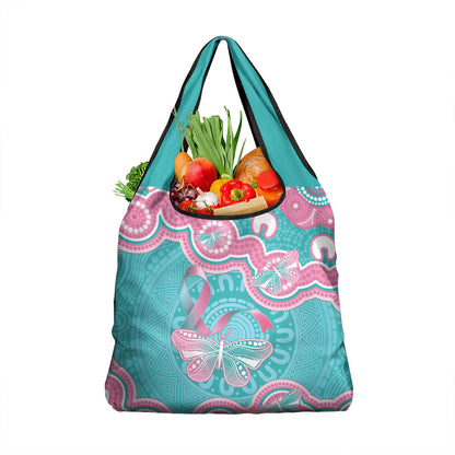 Hereditary And Gynecologic Cancer Support Grocery Bag Teal Pink Ribbon Aboriginal Art