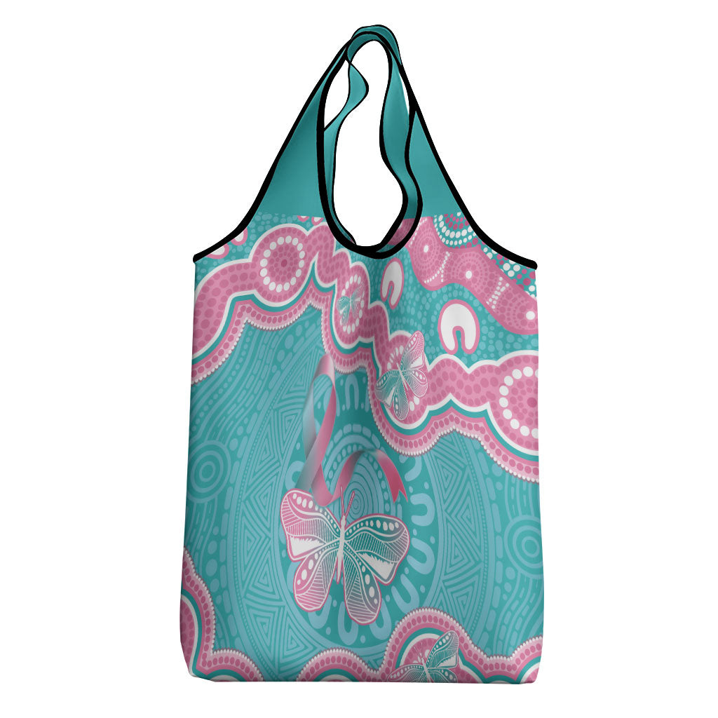 Hereditary And Gynecologic Cancer Support Grocery Bag Teal Pink Ribbon Aboriginal Art