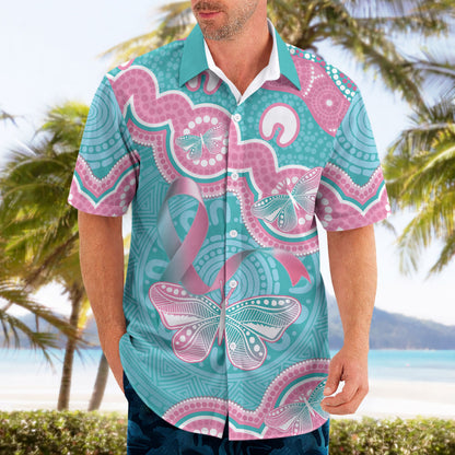 Hereditary And Gynecologic Cancer Support Hawaiian Shirt Teal Pink Ribbon Aboriginal Art