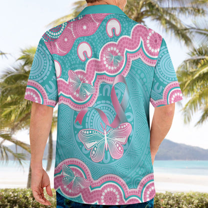 Hereditary And Gynecologic Cancer Support Hawaiian Shirt Teal Pink Ribbon Aboriginal Art