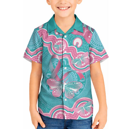 Hereditary And Gynecologic Cancer Support Hawaiian Shirt Teal Pink Ribbon Aboriginal Art