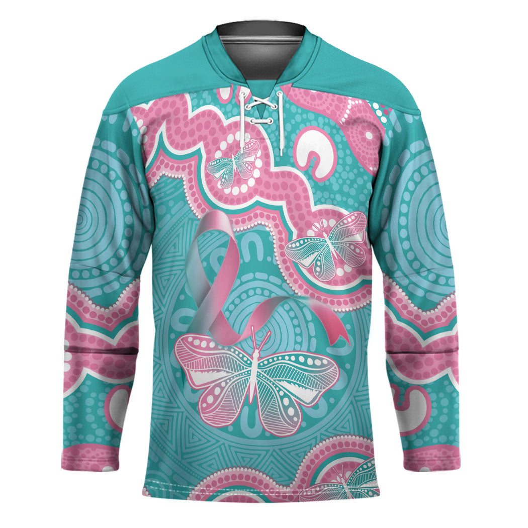 Hereditary And Gynecologic Cancer Support Hockey Jersey Teal Pink Ribbon Aboriginal Art