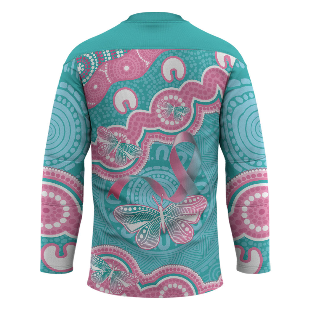 Hereditary And Gynecologic Cancer Support Hockey Jersey Teal Pink Ribbon Aboriginal Art