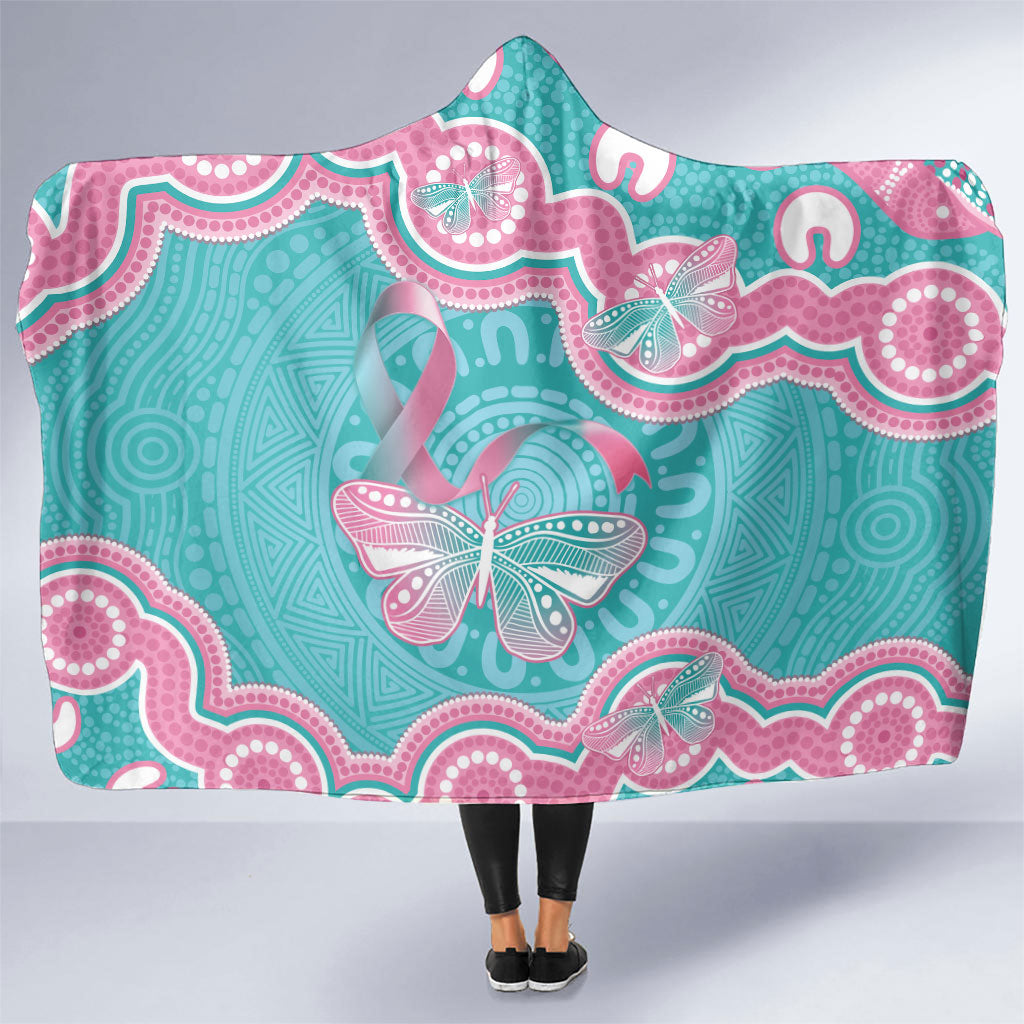 Hereditary And Gynecologic Cancer Support Hooded Blanket Teal Pink Ribbon Aboriginal Art