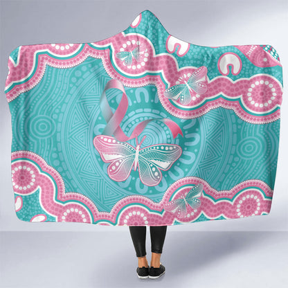 Hereditary And Gynecologic Cancer Support Hooded Blanket Teal Pink Ribbon Aboriginal Art