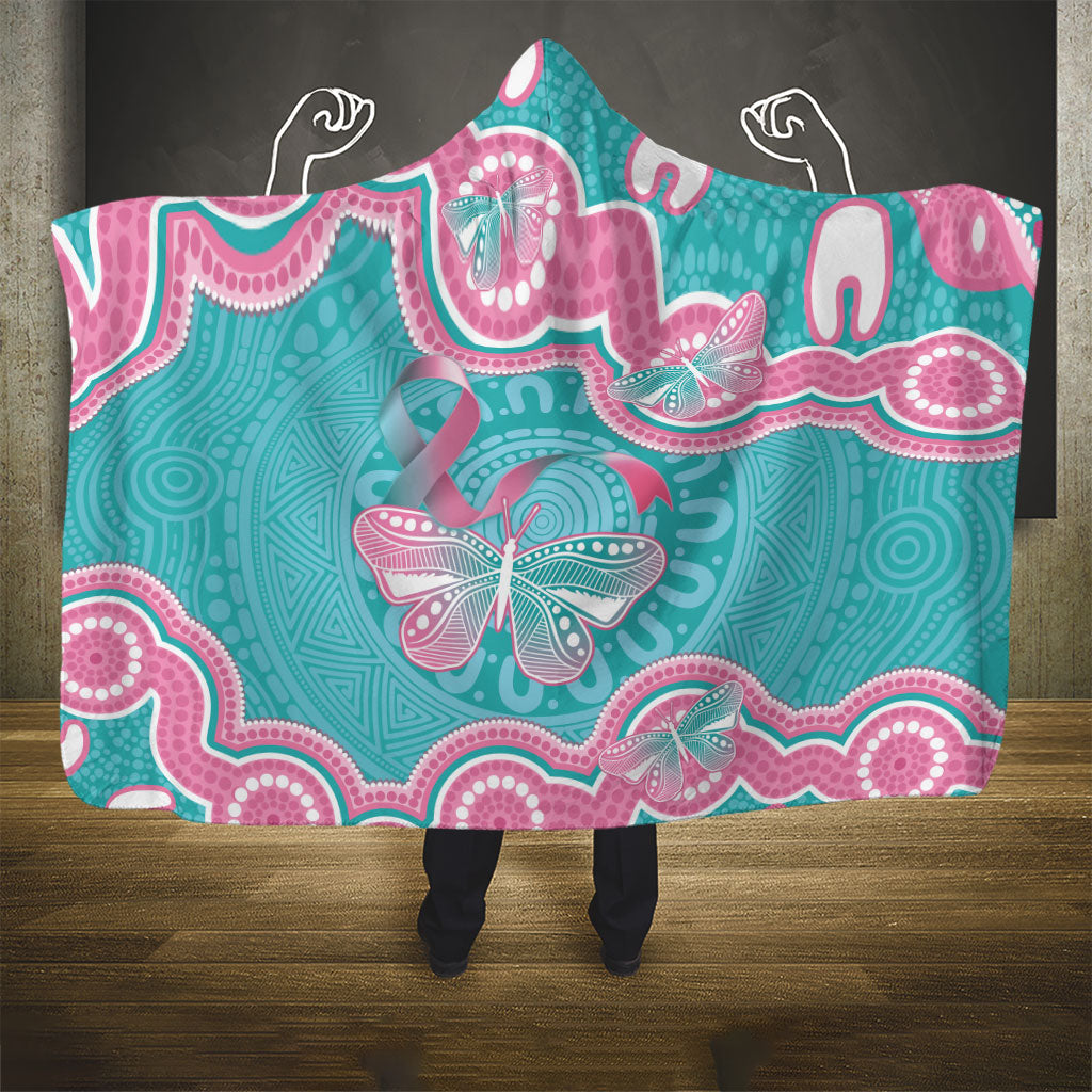 Hereditary And Gynecologic Cancer Support Hooded Blanket Teal Pink Ribbon Aboriginal Art