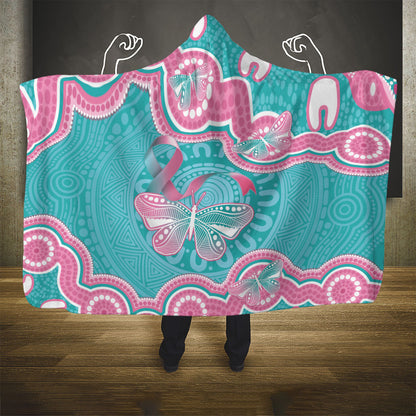 Hereditary And Gynecologic Cancer Support Hooded Blanket Teal Pink Ribbon Aboriginal Art