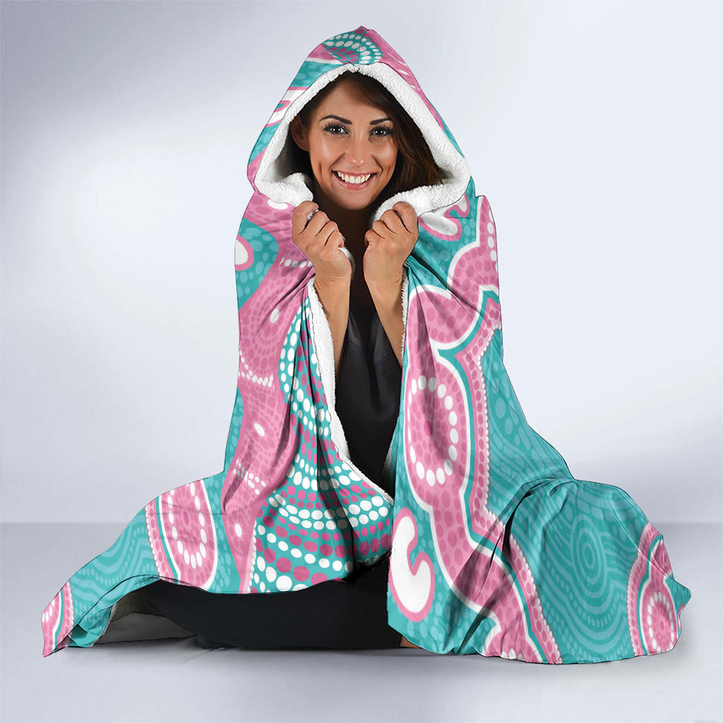 Hereditary And Gynecologic Cancer Support Hooded Blanket Teal Pink Ribbon Aboriginal Art
