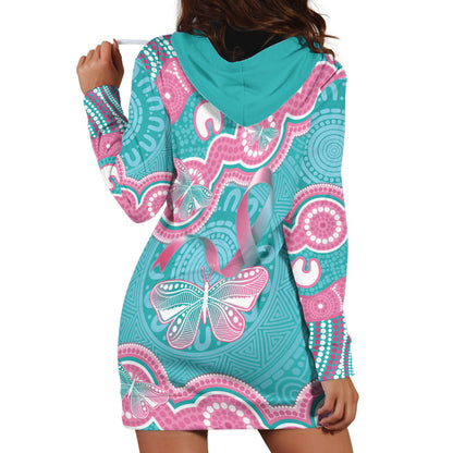 Hereditary And Gynecologic Cancer Support Hoodie Dress Teal Pink Ribbon Aboriginal Art