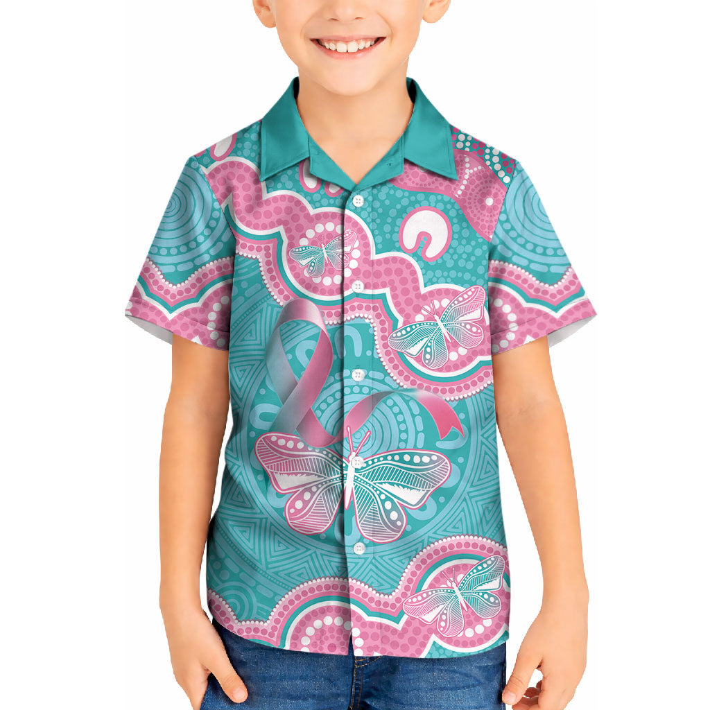 Hereditary And Gynecologic Cancer Support Kid Hawaiian Shirt Teal Pink Ribbon Aboriginal Art