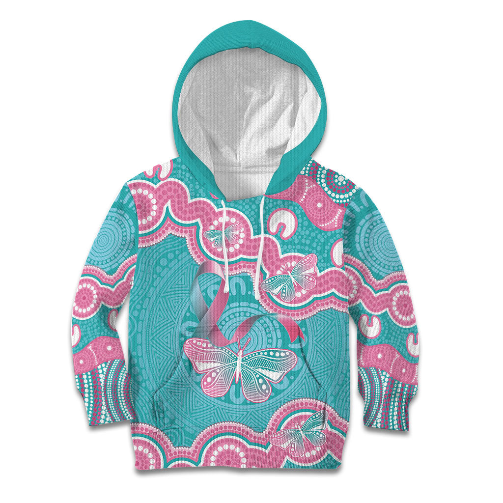 Hereditary And Gynecologic Cancer Support Kid Hoodie Teal Pink Ribbon Aboriginal Art