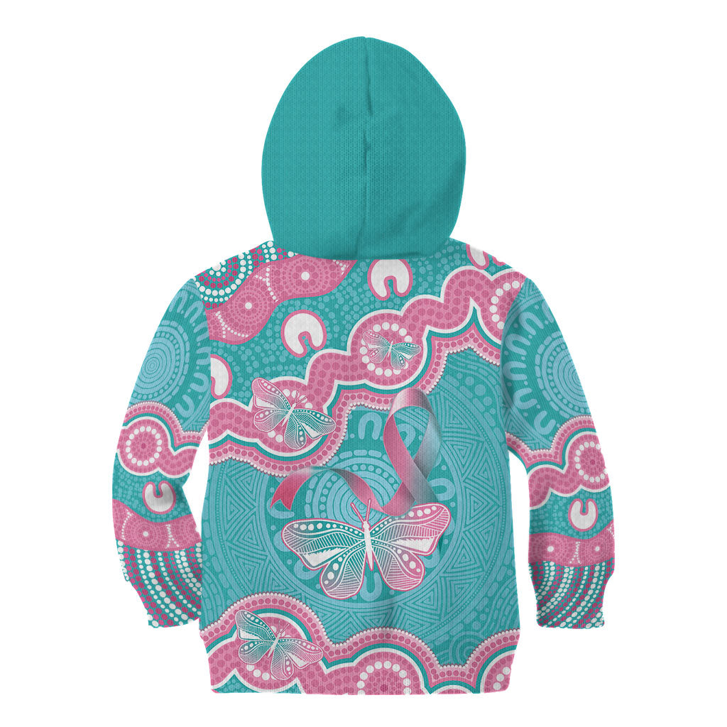 Hereditary And Gynecologic Cancer Support Kid Hoodie Teal Pink Ribbon Aboriginal Art