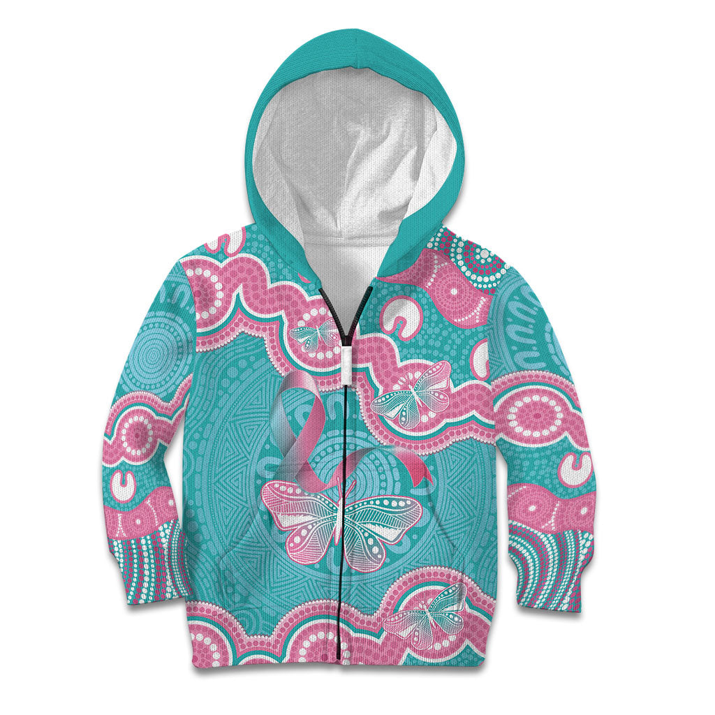 Hereditary And Gynecologic Cancer Support Kid Hoodie Teal Pink Ribbon Aboriginal Art