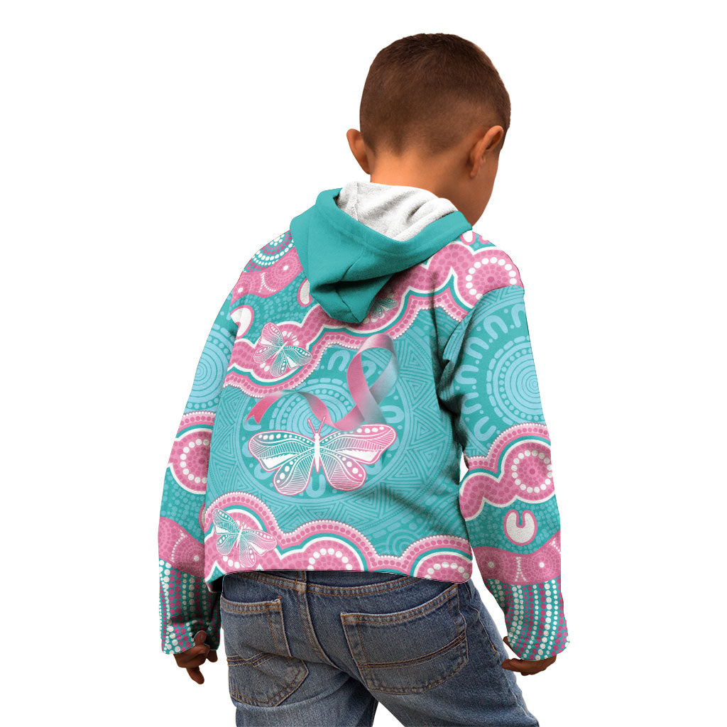 Hereditary And Gynecologic Cancer Support Kid Hoodie Teal Pink Ribbon Aboriginal Art