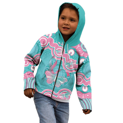 Hereditary And Gynecologic Cancer Support Kid Hoodie Teal Pink Ribbon Aboriginal Art