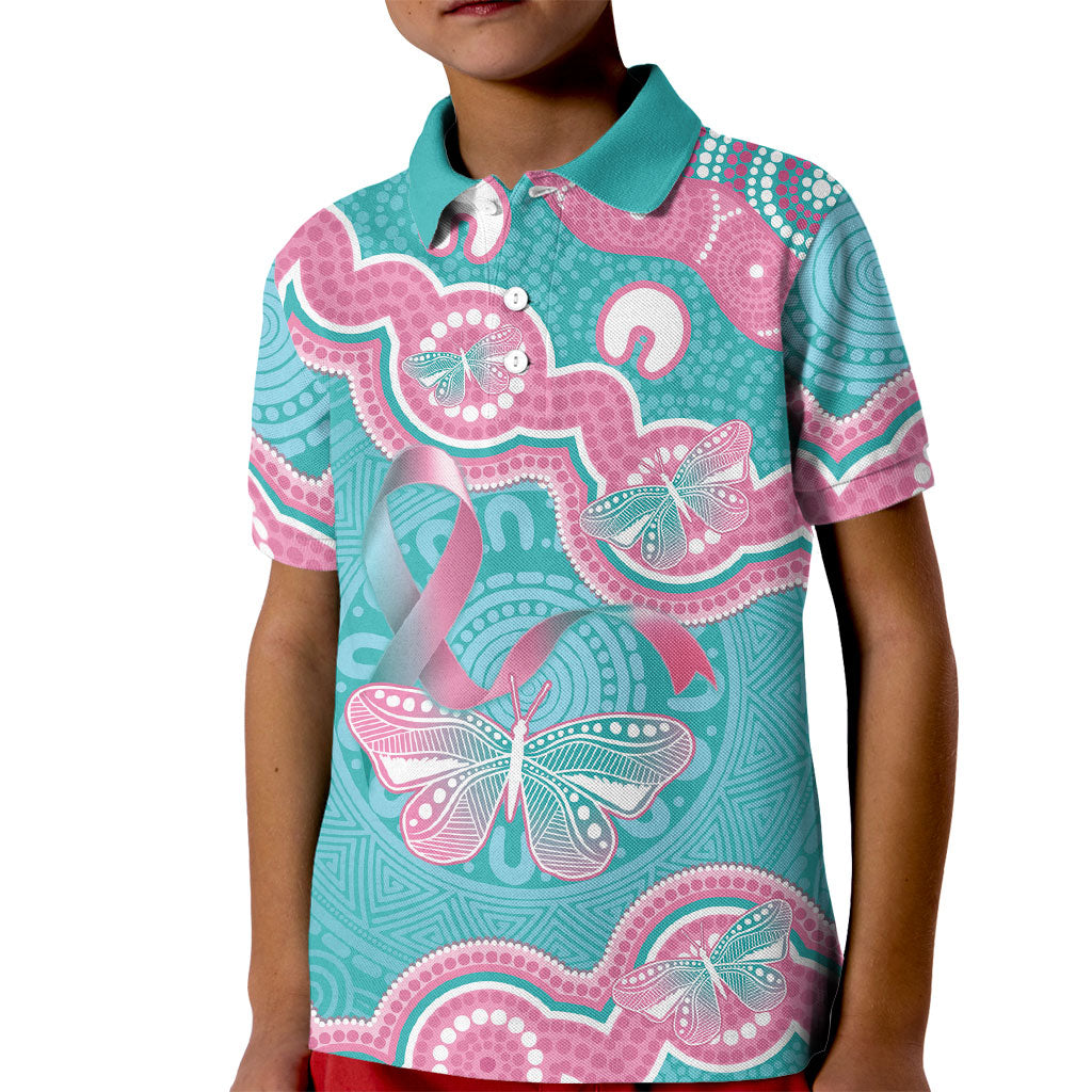 Hereditary And Gynecologic Cancer Support Kid Polo Shirt Teal Pink Ribbon Aboriginal Art