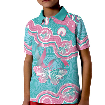 Hereditary And Gynecologic Cancer Support Kid Polo Shirt Teal Pink Ribbon Aboriginal Art