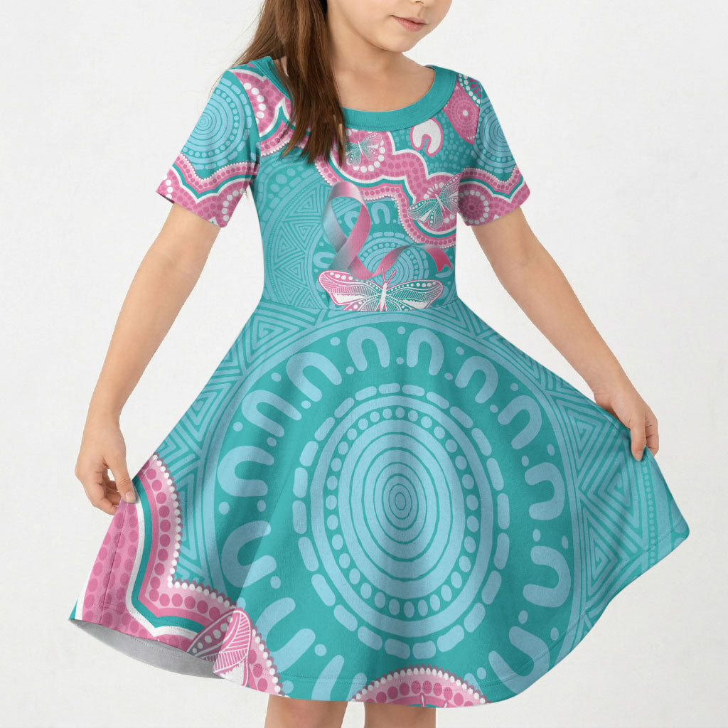 Hereditary And Gynecologic Cancer Support Kid Short Sleeve Dress Teal Pink Ribbon Aboriginal Art