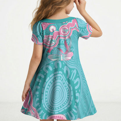 Hereditary And Gynecologic Cancer Support Kid Short Sleeve Dress Teal Pink Ribbon Aboriginal Art