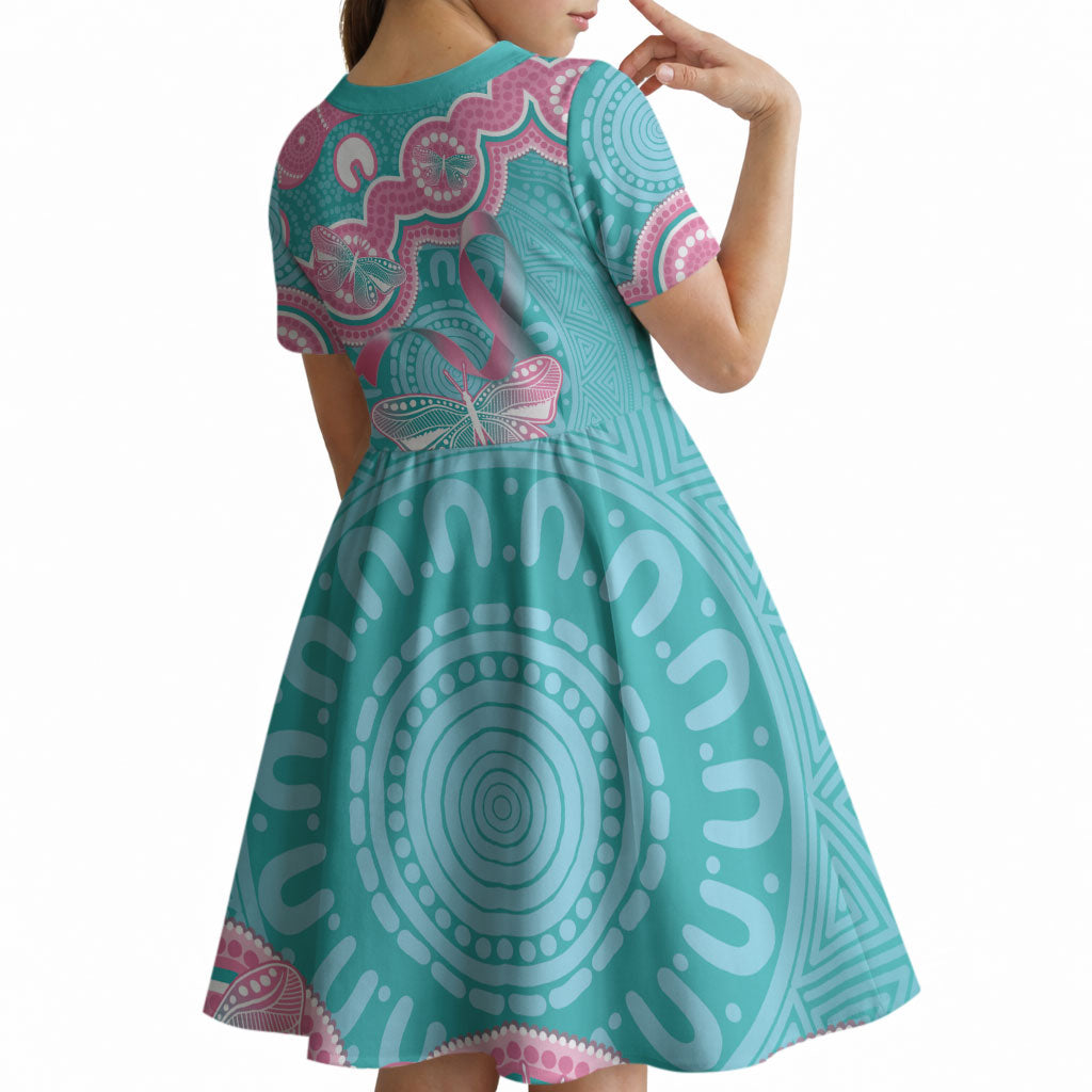 Hereditary And Gynecologic Cancer Support Kid Short Sleeve Dress Teal Pink Ribbon Aboriginal Art