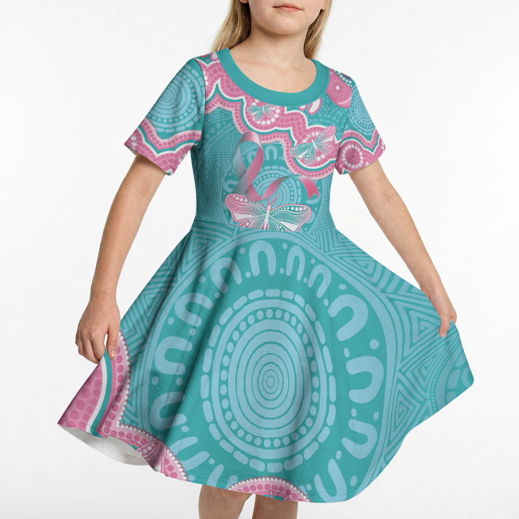 Hereditary And Gynecologic Cancer Support Kid Short Sleeve Dress Teal Pink Ribbon Aboriginal Art