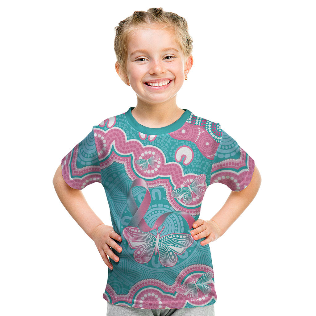 Hereditary And Gynecologic Cancer Support Kid T Shirt Teal Pink Ribbon Aboriginal Art