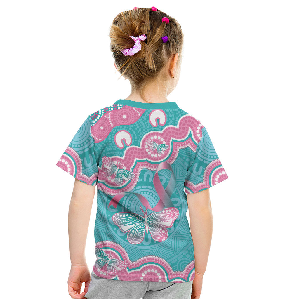 Hereditary And Gynecologic Cancer Support Kid T Shirt Teal Pink Ribbon Aboriginal Art
