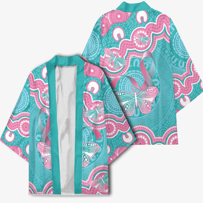 Hereditary And Gynecologic Cancer Support Kimono Teal Pink Ribbon Aboriginal Art