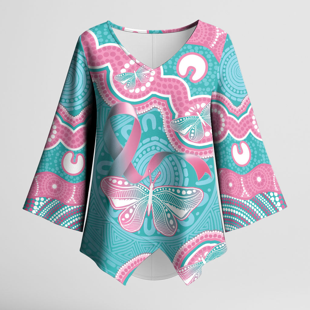 Hereditary And Gynecologic Cancer Support Kimono Sleeve Blouse Teal Pink Ribbon Aboriginal Art