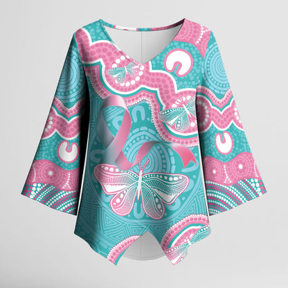 Hereditary And Gynecologic Cancer Support Kimono Sleeve Blouse Teal Pink Ribbon Aboriginal Art