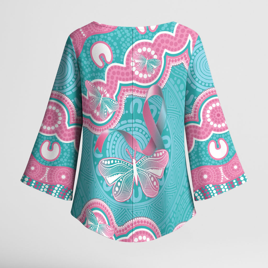 Hereditary And Gynecologic Cancer Support Kimono Sleeve Blouse Teal Pink Ribbon Aboriginal Art