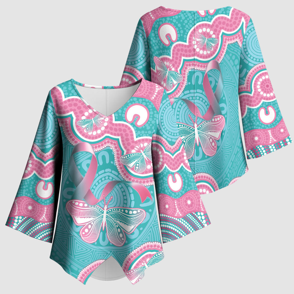 Hereditary And Gynecologic Cancer Support Kimono Sleeve Blouse Teal Pink Ribbon Aboriginal Art