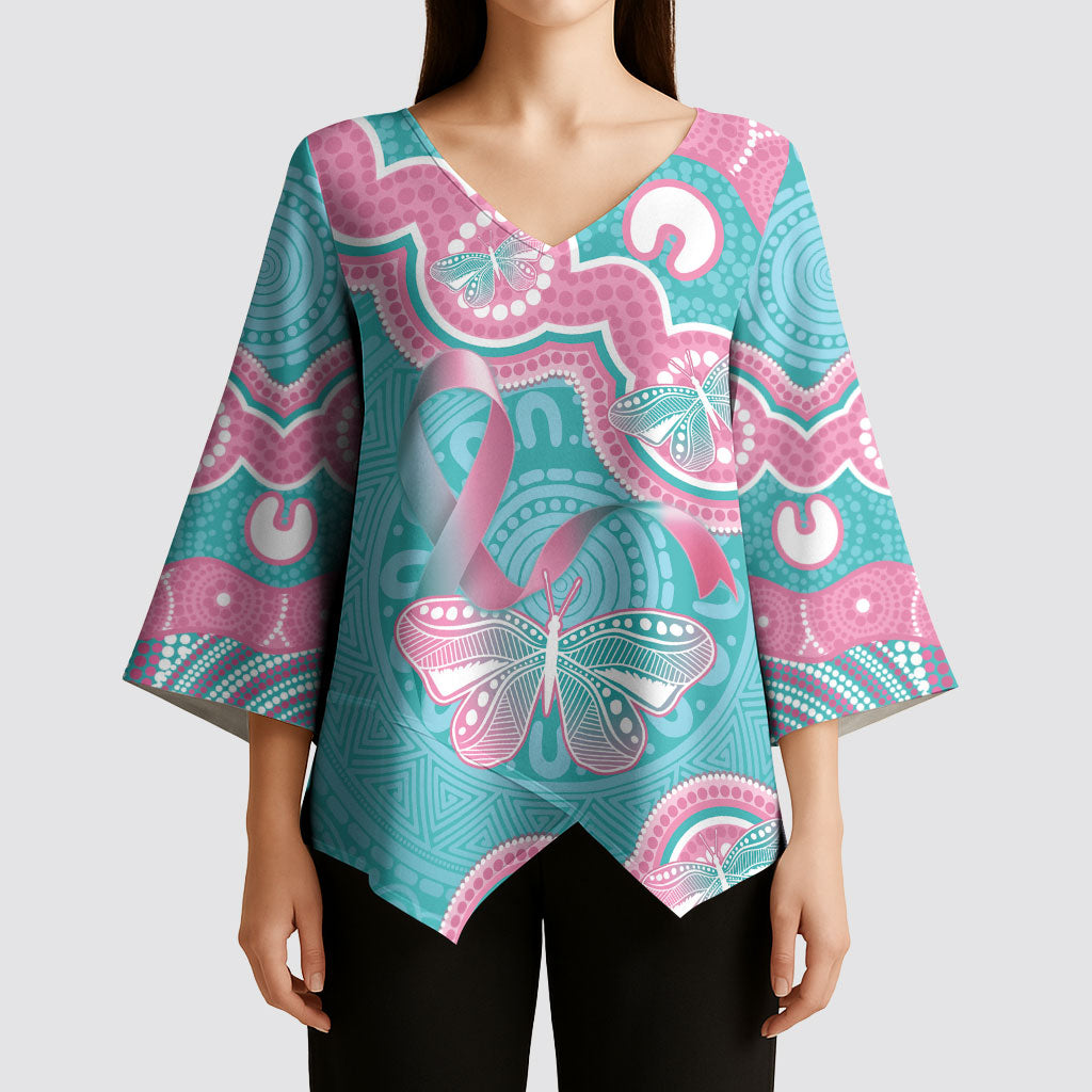 Hereditary And Gynecologic Cancer Support Kimono Sleeve Blouse Teal Pink Ribbon Aboriginal Art
