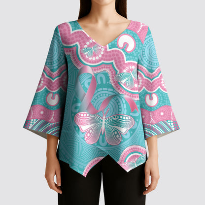 Hereditary And Gynecologic Cancer Support Kimono Sleeve Blouse Teal Pink Ribbon Aboriginal Art