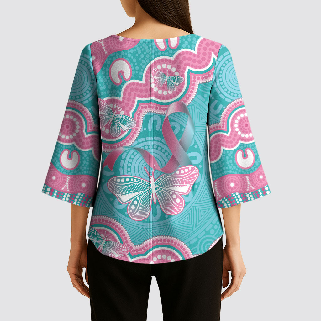 Hereditary And Gynecologic Cancer Support Kimono Sleeve Blouse Teal Pink Ribbon Aboriginal Art