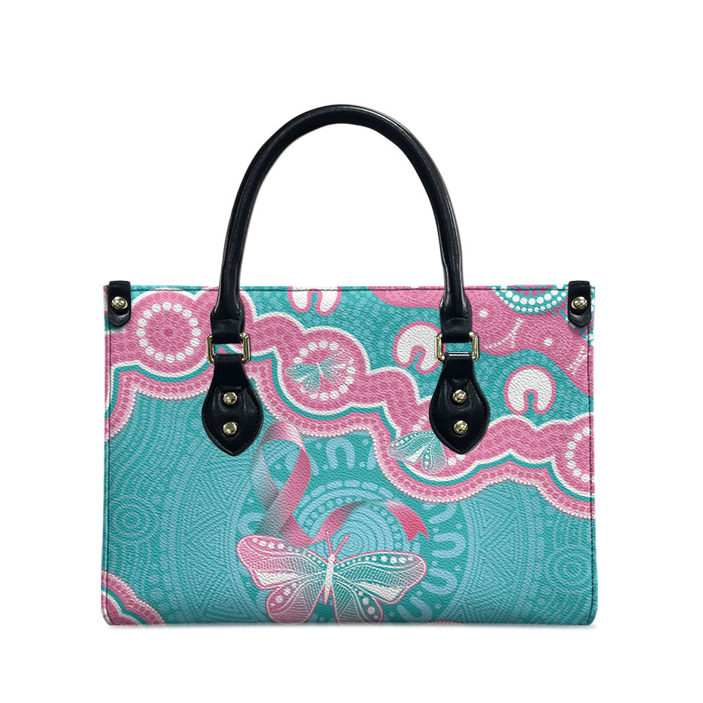 Hereditary And Gynecologic Cancer Support Leather Bag Teal Pink Ribbon Aboriginal Art