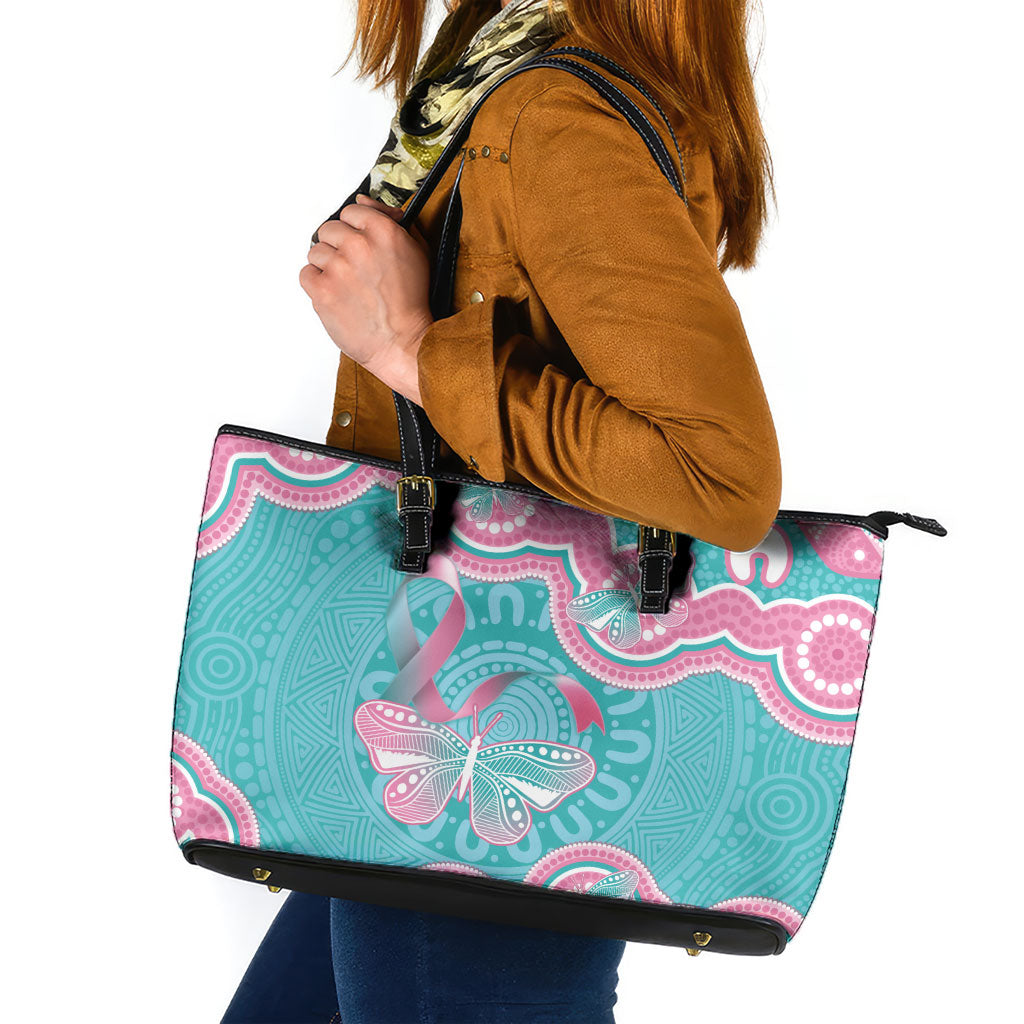 Hereditary And Gynecologic Cancer Support Leather Tote Bag Teal Pink Ribbon Aboriginal Art