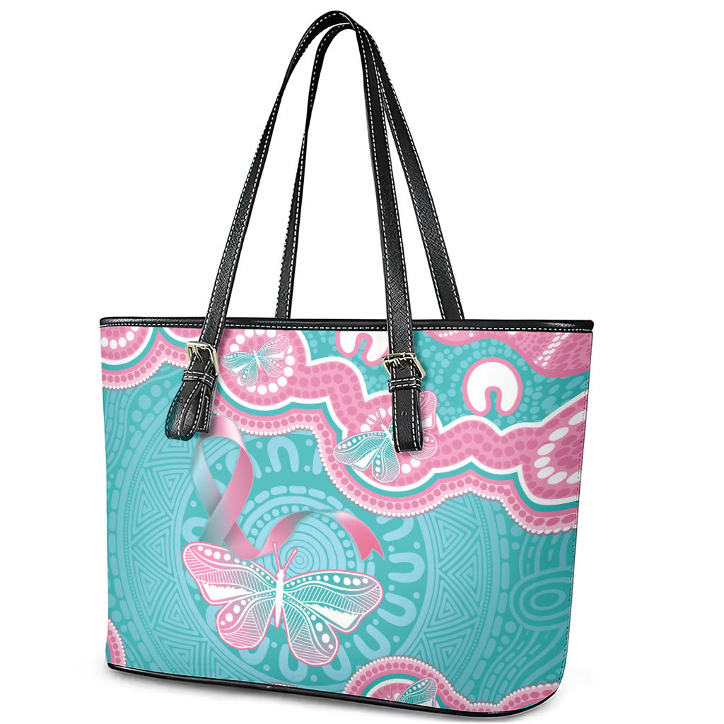 Hereditary And Gynecologic Cancer Support Leather Tote Bag Teal Pink Ribbon Aboriginal Art