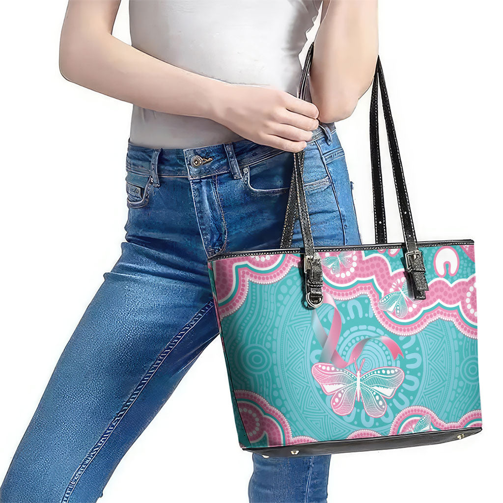 Hereditary And Gynecologic Cancer Support Leather Tote Bag Teal Pink Ribbon Aboriginal Art