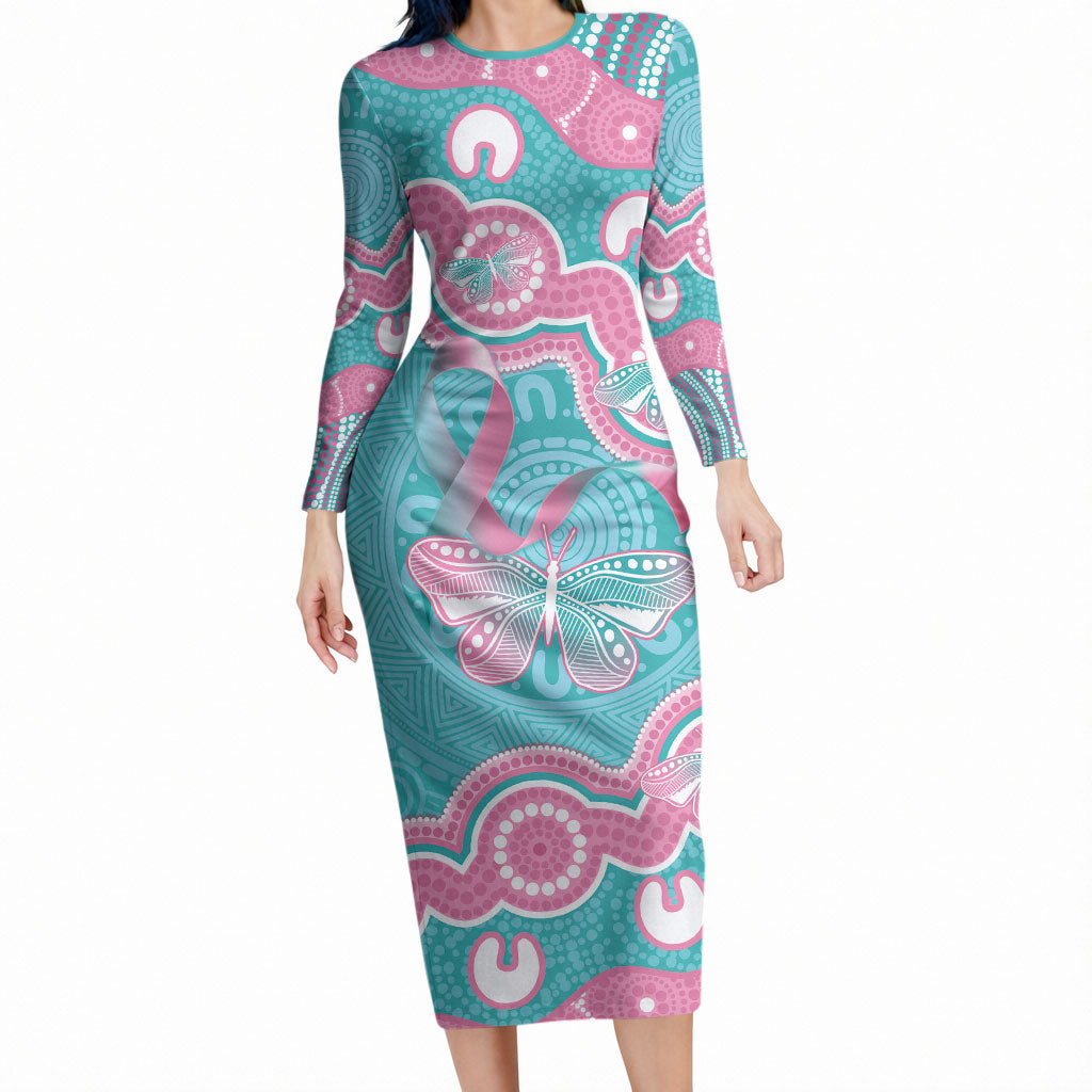 Hereditary And Gynecologic Cancer Support Long Sleeve Bodycon Dress Teal Pink Ribbon Aboriginal Art