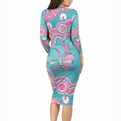 Hereditary And Gynecologic Cancer Support Long Sleeve Bodycon Dress Teal Pink Ribbon Aboriginal Art