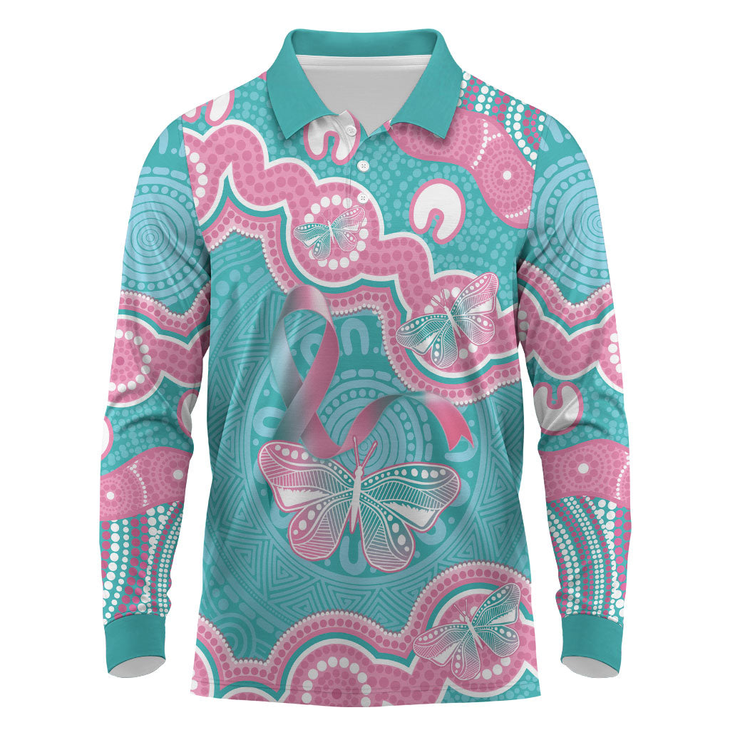 Hereditary And Gynecologic Cancer Support Long Sleeve Polo Shirt Teal Pink Ribbon Aboriginal Art