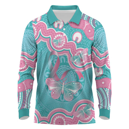 Hereditary And Gynecologic Cancer Support Long Sleeve Polo Shirt Teal Pink Ribbon Aboriginal Art